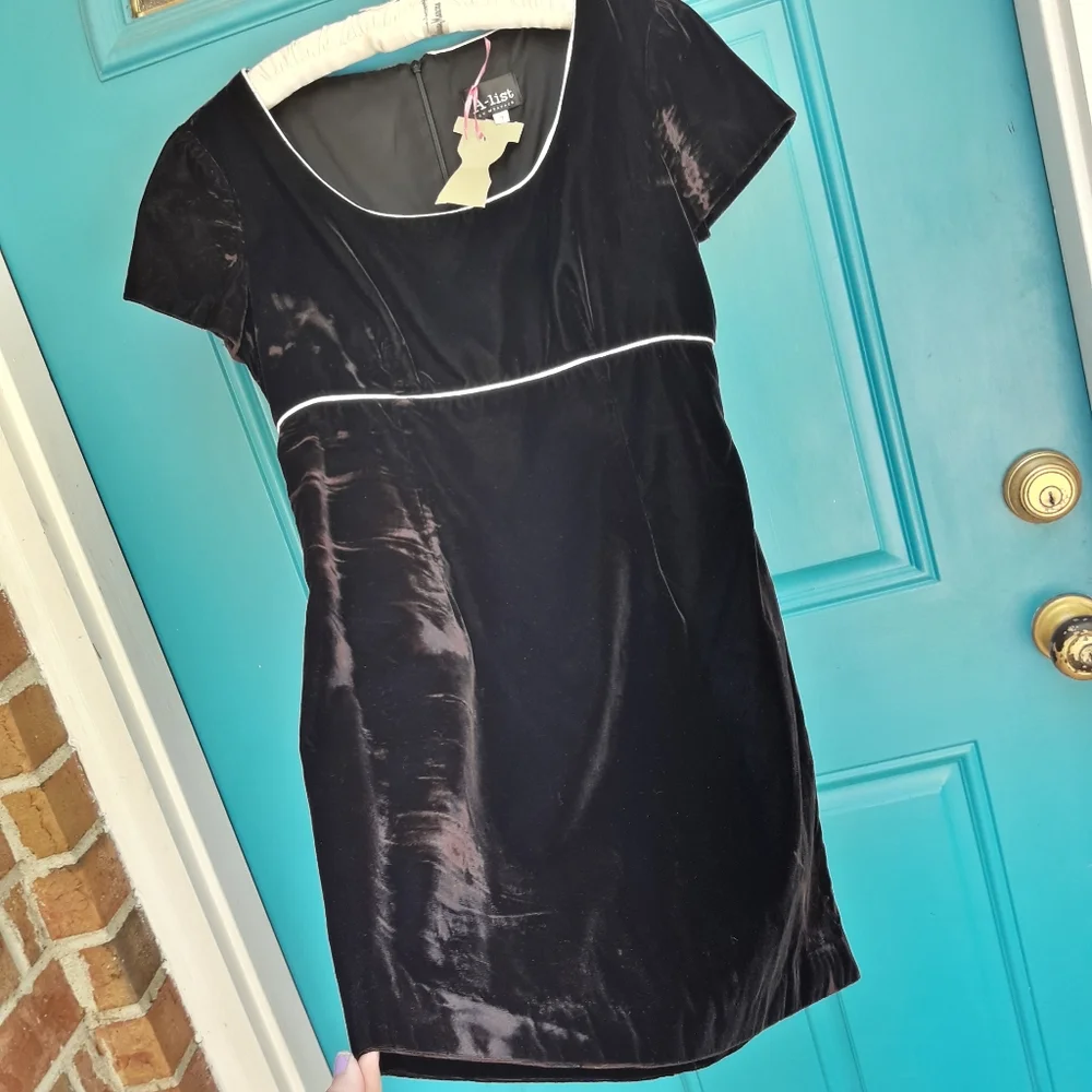 Velvet Dress Vintage Micro Mini Skirt Empire Waist Short Cap Sleeves 90s Retro - Picture 2 of 11